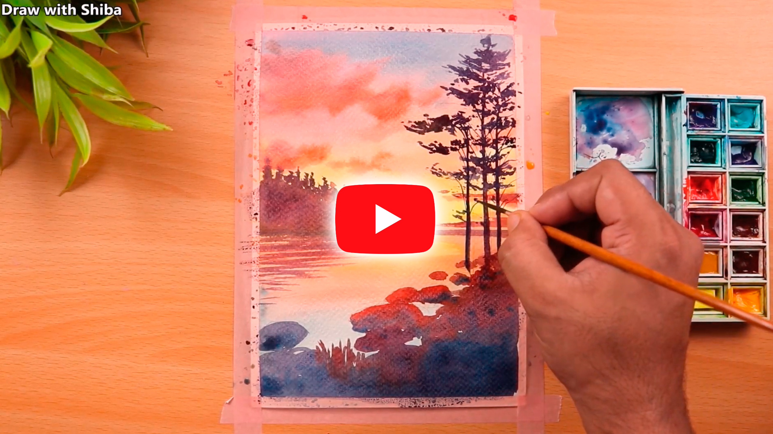 Easy Watercolor painting for beginners Rocks and Lake Sunset Landscape.mp4