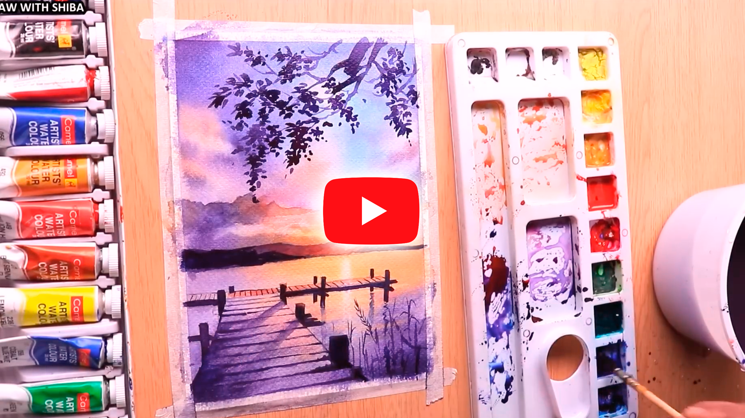 Watercolor painting of sunset evening landscape of river side easy.mp4